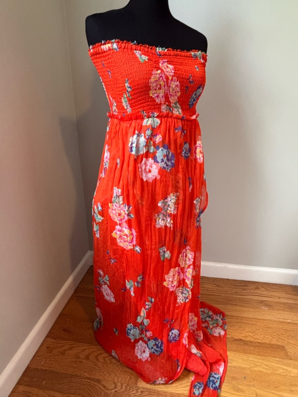 American Eagle Outfitters Red Floral Strapless Maxi Dress